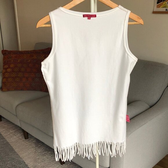 San Fransisco White Fringed Tank Top Sheer Scoop Neck Festival Summer Women's M - Picture 15 of 16